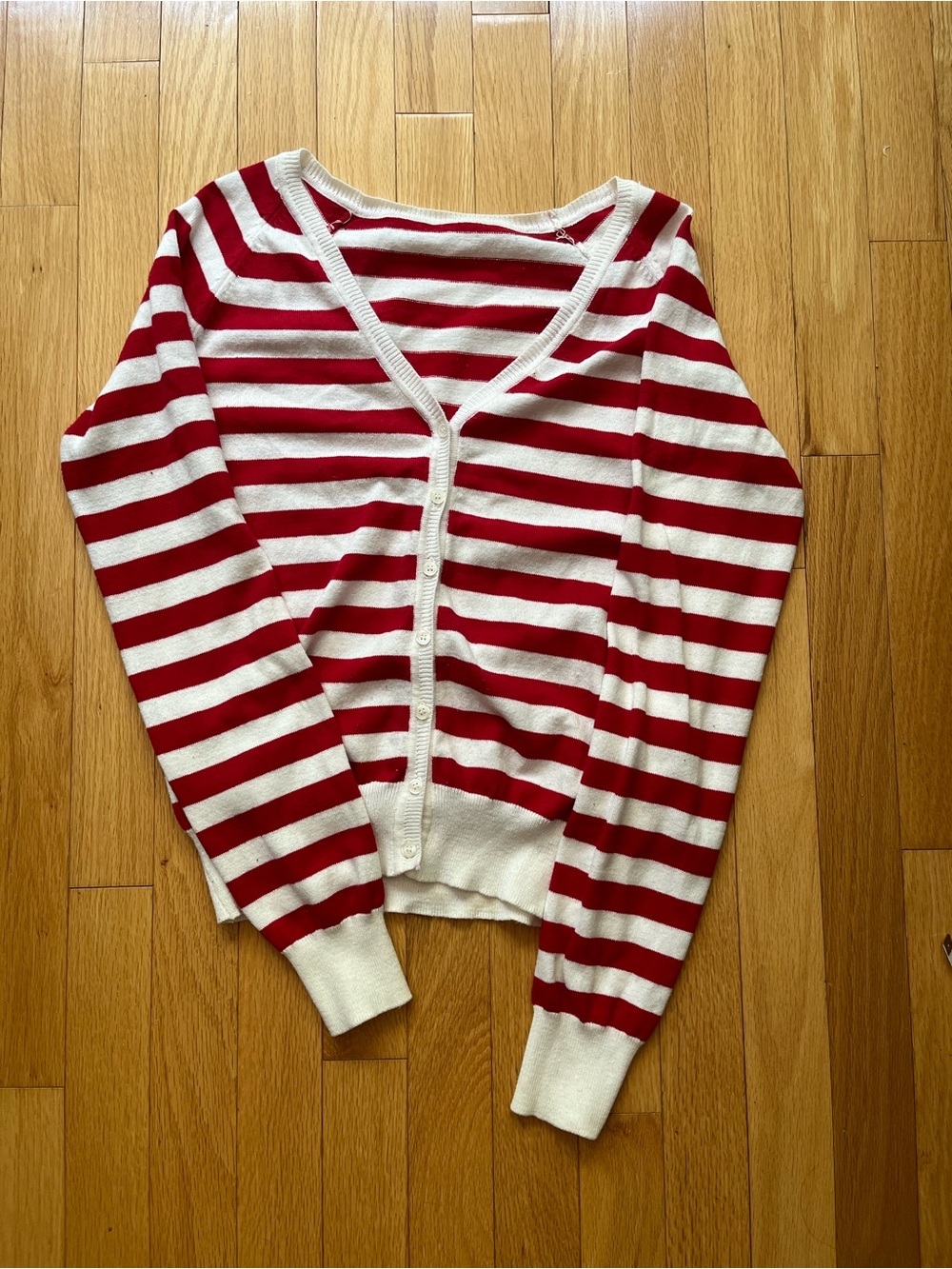 Red & White Striped V-Neck Cardigan knit Sweater